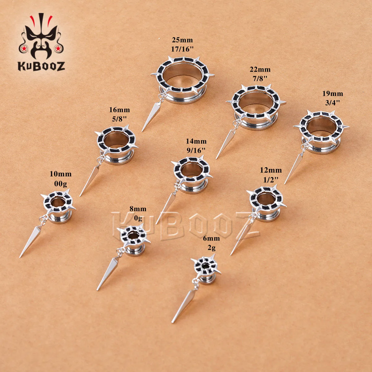 KUBOOZ 1 Paar Gothic Stern-Spike Ohr-Tunnel mit Schraubverschluss, Ohr-Plugs, Hypoallergener Piercing-Schmuck – Detail 2