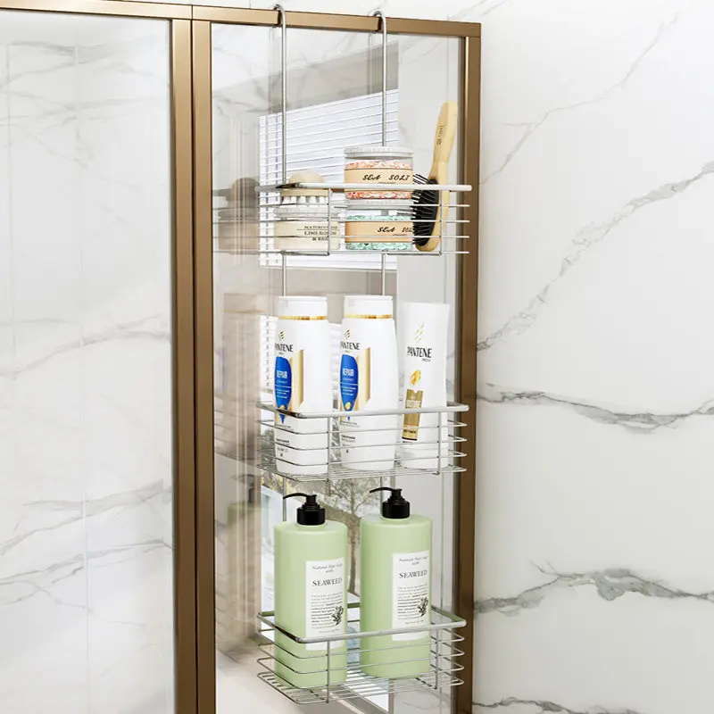 304 Stainless Steel Shower Shelf Glass Door Hanging Bathroom Storage Rack No-Drill Organizer Basket Rustproof Shampoo Holder