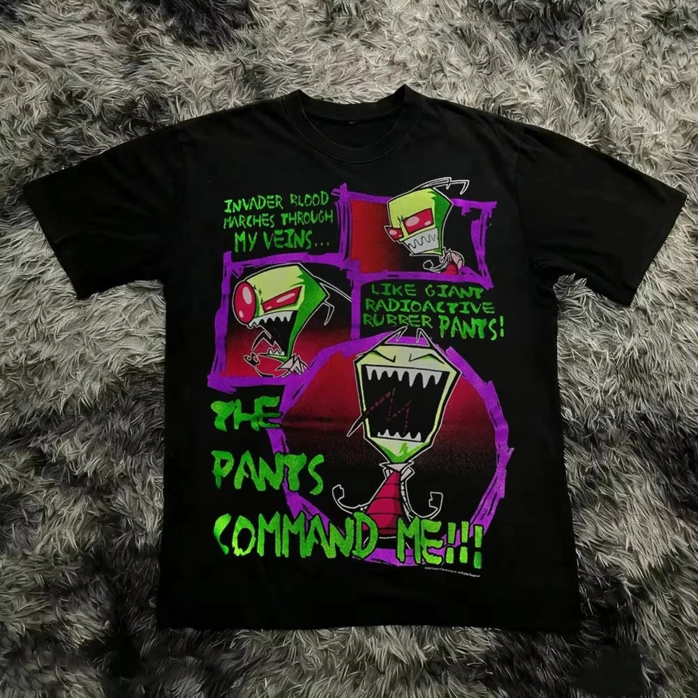 Summer 2026 New Invader Zim Cartoon Print Tee High Quality Y2k Stylish Casual Breathable Men's Crew Neck Print Tee