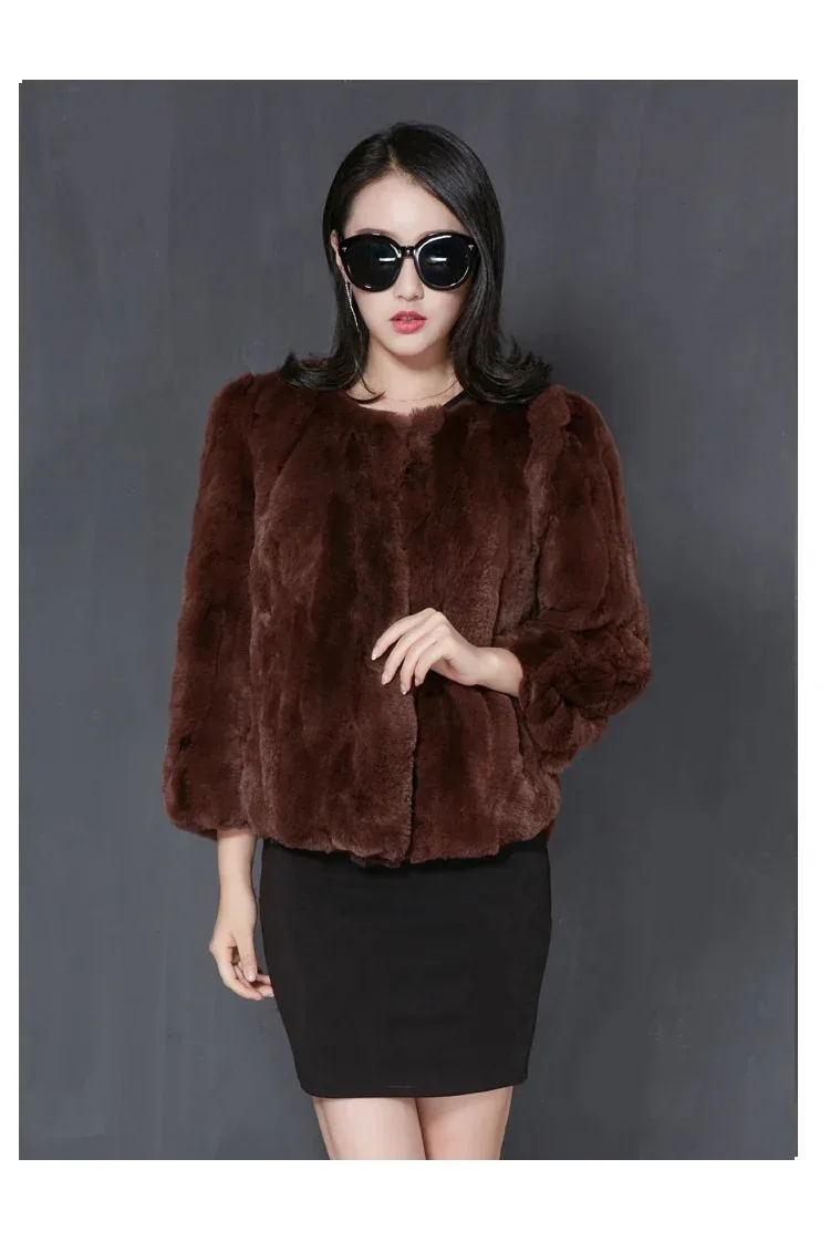 2024 Fur Jacket Short Loose Winter Natural Real Rex Rabbit Fur Coat Jackets Women Luxury Size Furry Thick Warm Crew Neck Clothes