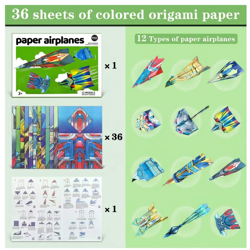 12 verschiedene Papierflugzeug-Bausätze, buntes Origami-Papier, handgefertigtes Bastelflugzeug, Geschenk für Schüler, Jungen und Mädchen