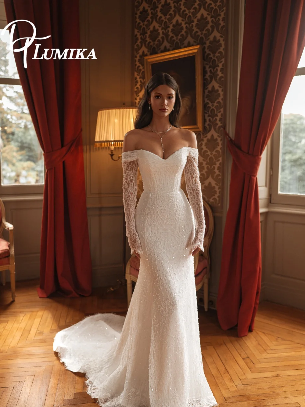 

Trendy Off-Shoulder Lace-Up Wedding Dress 2026 Romantic Shiny Church Bridal Gown Fashionable Mermaid Floor-Length Bridal Dress
