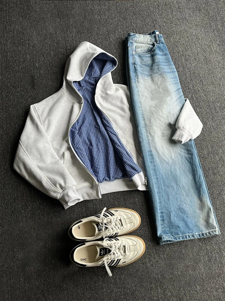 

Двусторонняя одежда в американском стиле, королевская синяя клетчатая толстовка на молнии, мужская весенне-осенняя повседневная свободная открытая кардиган Jaet, модный