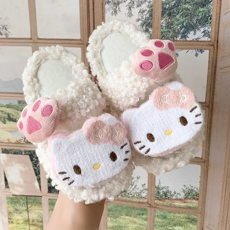 

Детские тапочки, домашние тапочки, хлопковая зимняя обувь с рисунком «Hello Kitty» для девочек, теплая нескользящая коричнево-белая обувь, размер 26-37