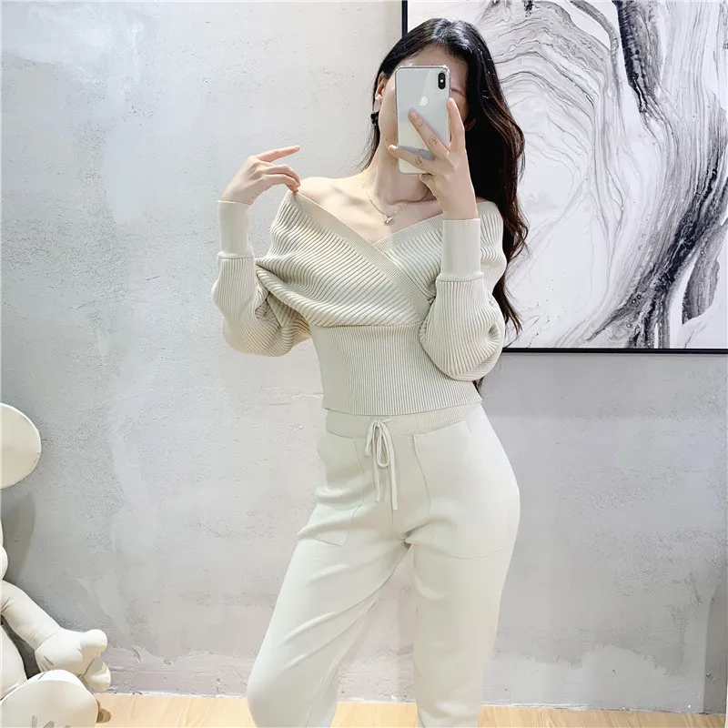 Elegant trainingspak sexy tweedelige set dames Koreaanse stijl geribbelde gebreide backless top en lange harembroek pak herfstoutfits y2k