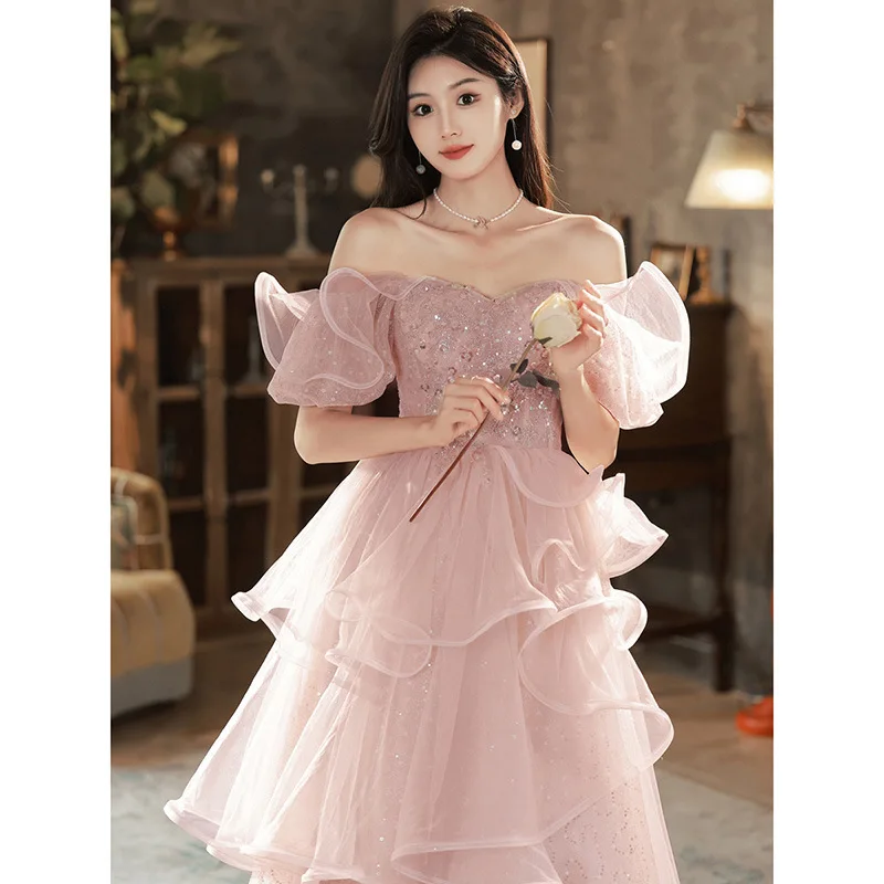 French Evening Female Temperament Socialite Light Luxury Minority Host Art Exam Fairy Pink Engagement Dress