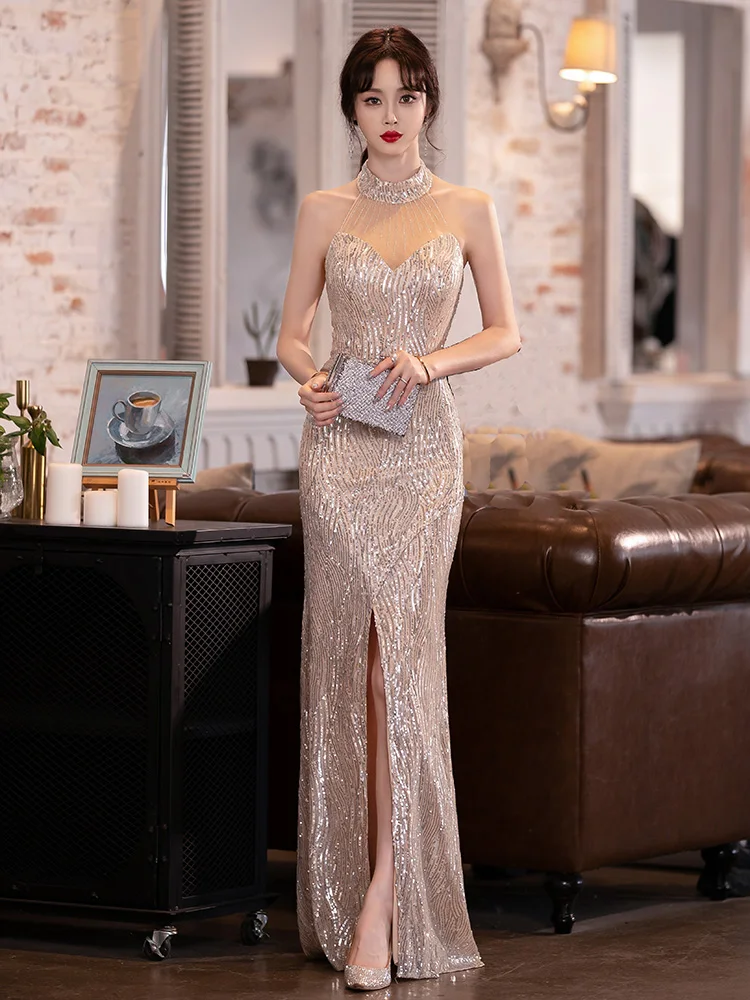 

Stunning Silver Evening Gown Women's New 2025 High-End Luxury Unique Year Conference Ele Host High-End Feel Fi Tail Skirt
