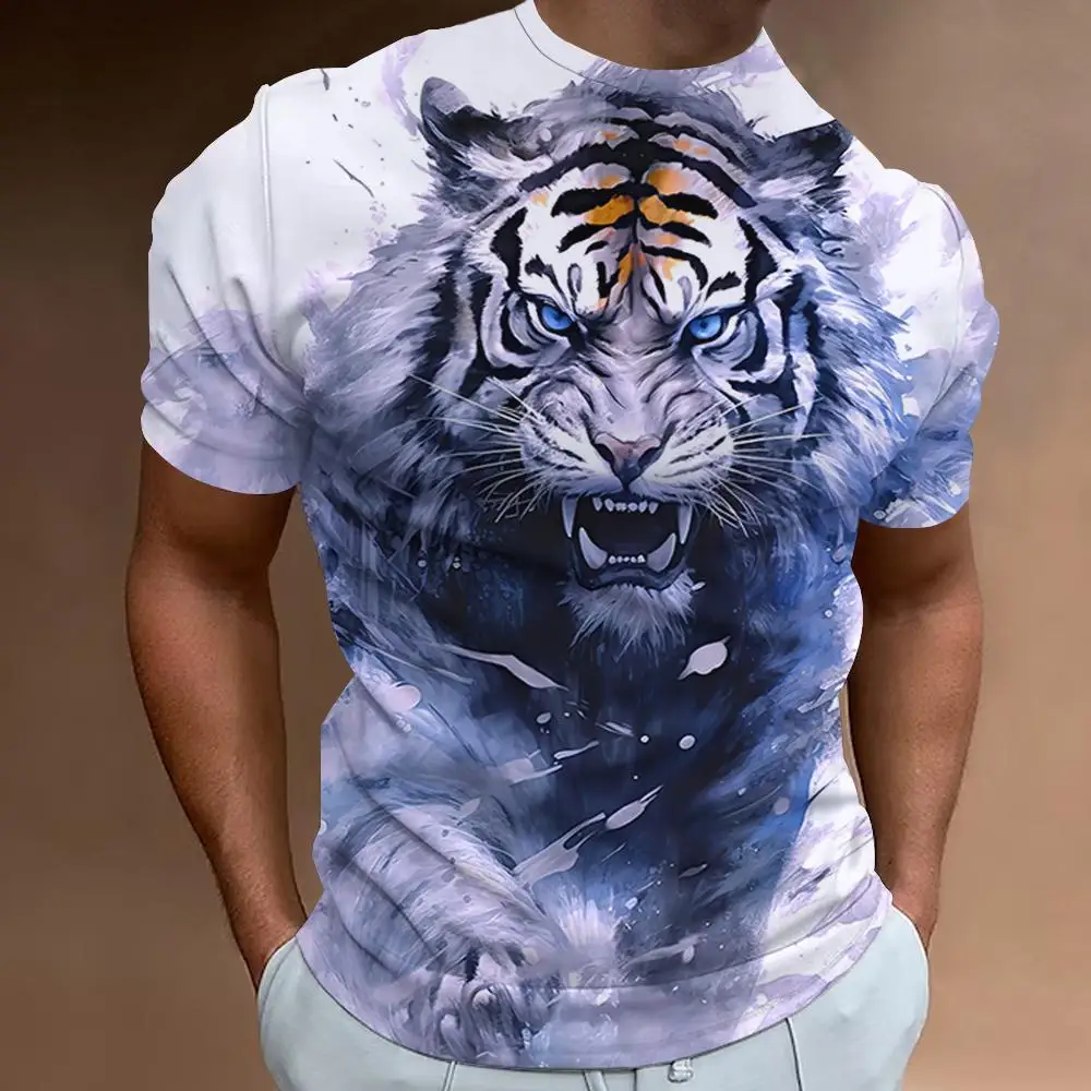 Fierce Tiger Print Men\'s T-Shirt 3d Print Short Sleeve T-Shirt For Men Summer Loose Man Clothing Retro Loose Oversized Tees Tops