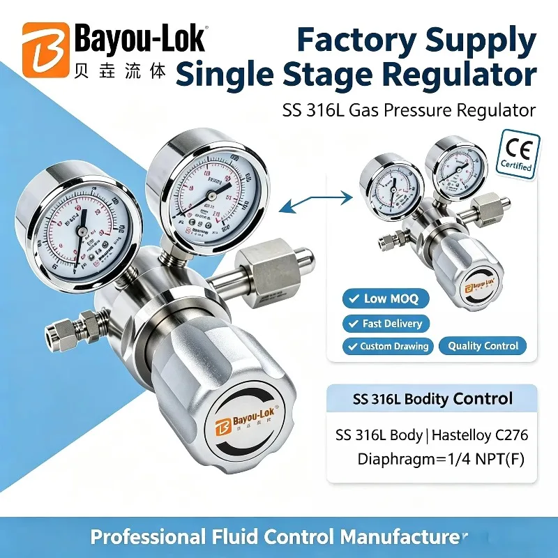 Single Stage SS316L High Pressure Gas Regulator Dual Gauges 4500 PSI Inlet Nitrogen Helium LPG Laboratory Use