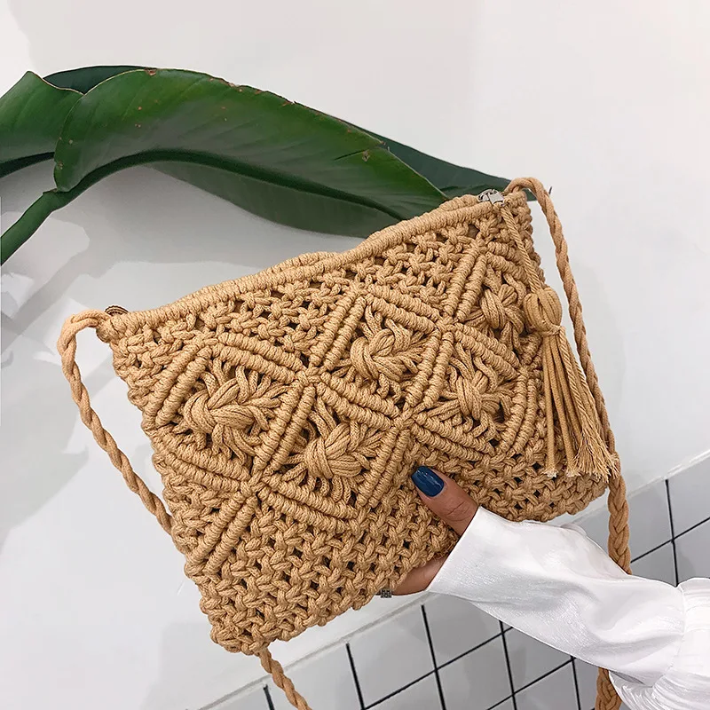 Stro Vrouwen Handtassen Eenvoudige Handgemaakte Touw Vintage Kwastjes Gehaakte Macrame Strandtassen Clutch Portemonnees En Handtassen Dames