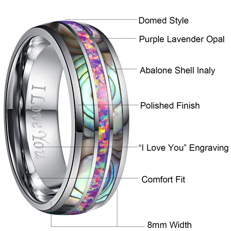 BONLAVIE 8mm Dome Inlaid Acacia Purple Opal Tungsten Steel Ring For Women Mens Silver Color Engrave Love Finger Ring