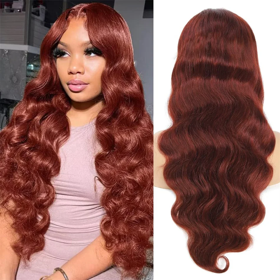 

Reddish Brown Lace Front Human Hair Wigs Body Wave 13x4 HD Lace Frontal Wig Preplucked Dark Red Brown Lace Front Wig On Sale