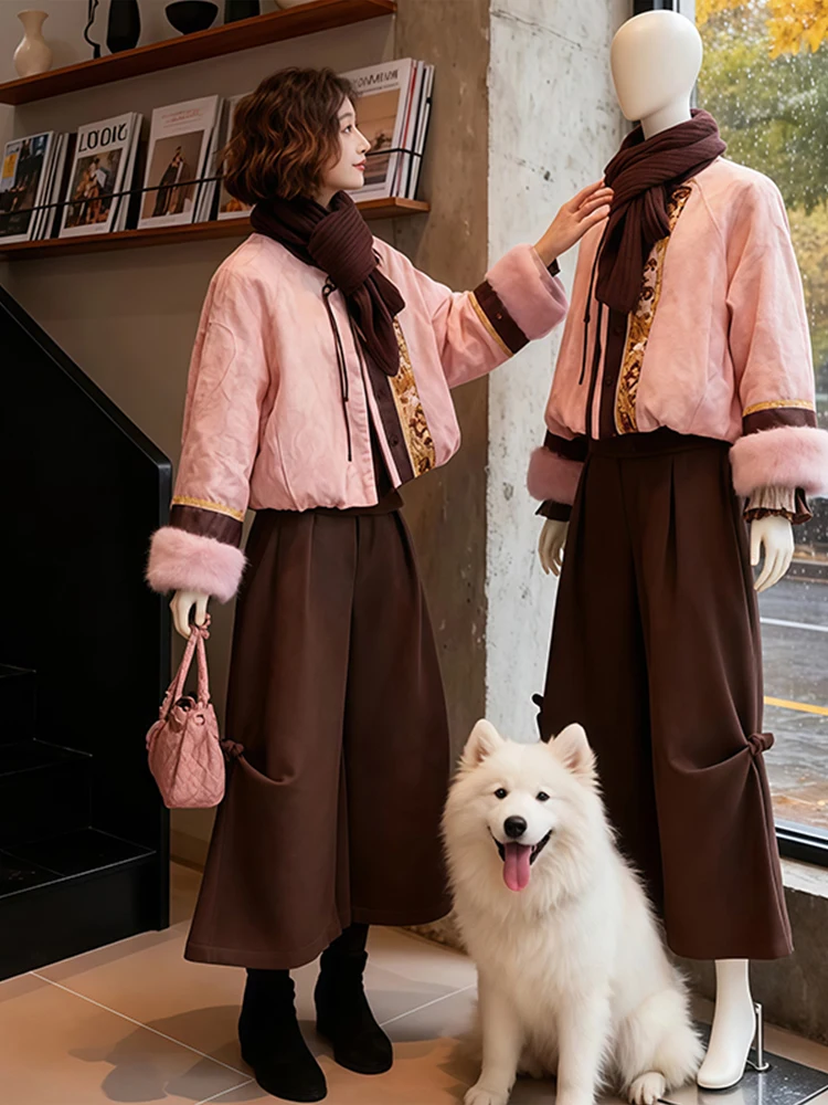 

Thiened Cotton Jaet Outerwear And Wide Leg Pants Two Piece Set Women's Faionable Winter Clothing Unique Beautiful Print