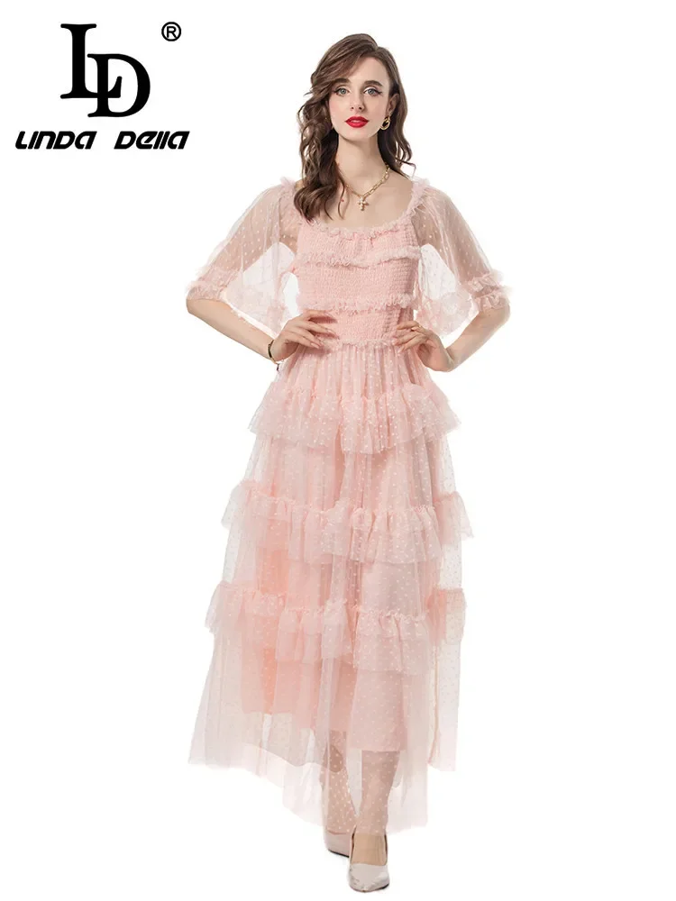 

LD LINDA DELLA 2024 Summer Fashion Dress Women Temperament Polka Dot Embroidery Elastic Waist Backless Cascading Ruffle Dresses