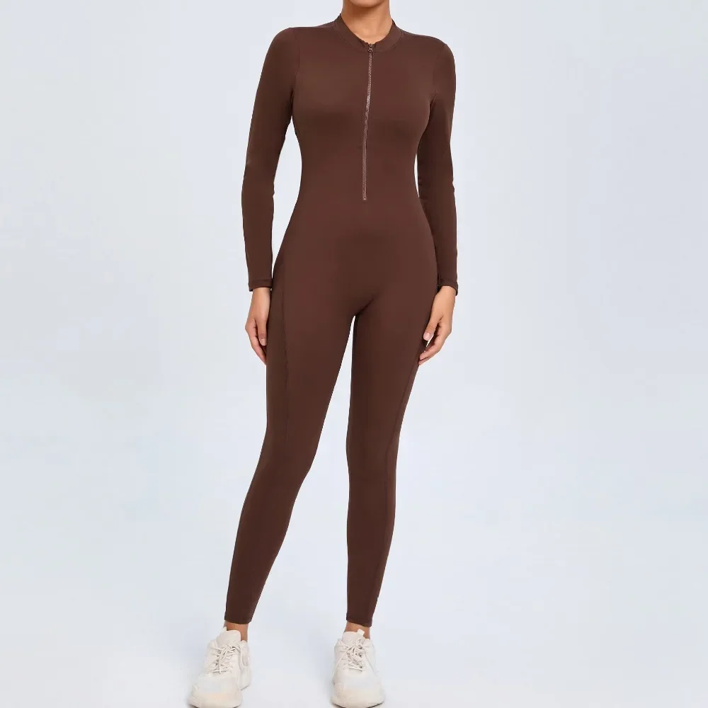 Zipper Long Sleeve Nude Yoga Jumpsuit for Women To Wear As Outerwear for Fitness Sports Trousers One-piece Tights