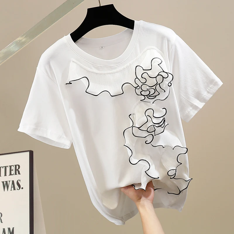 

Fashionable Short Sleeve T-Shirt Heavy Embroidery Hem Lace Patchwork Design Cotton Blend Casual round Neck Top