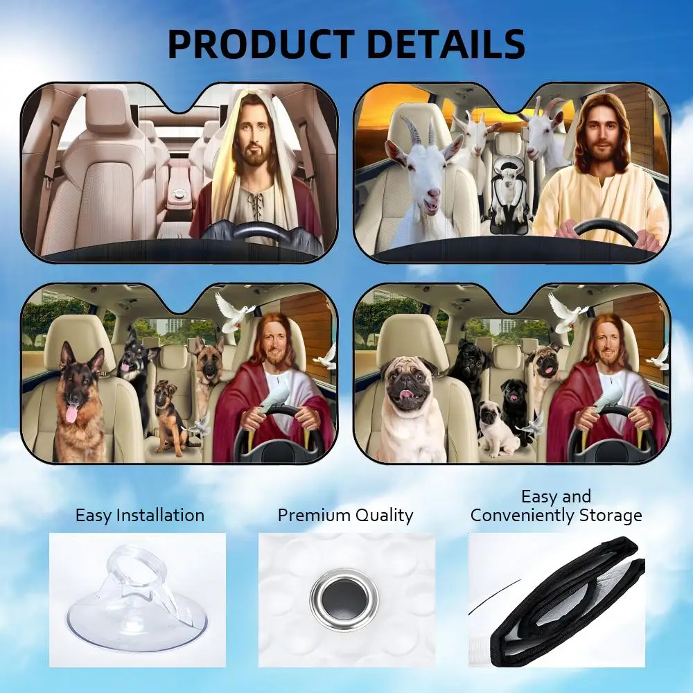 

Funny DRIVING JESUS Sheep Sun Visor Reusable Aluminum Foil Car Windshield Sun Visor UV Protector Heat Insulation Cover Shade