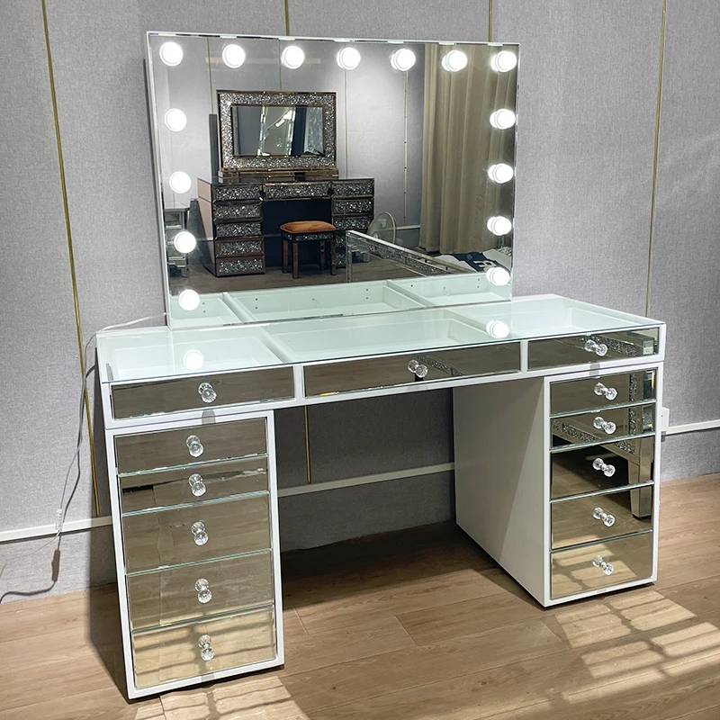 Luxury Hollywood Style Silver Gorgeous Large Professional Mirrored Dresser Glass Top With Light Dressing Mirror For Room Bedroom