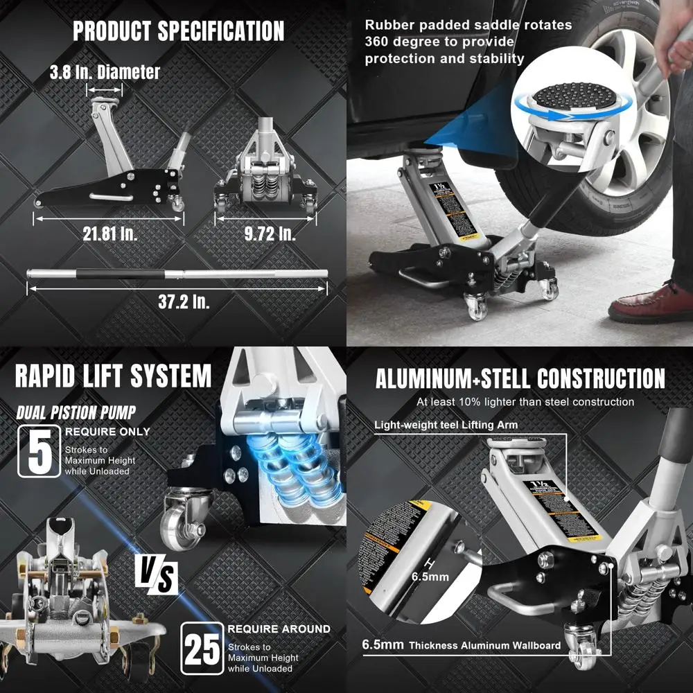 

Алюминиевый и стальной гоночный напольный домкрат с двойным поршневым насосом, емкостью 1,5 тонны, черный