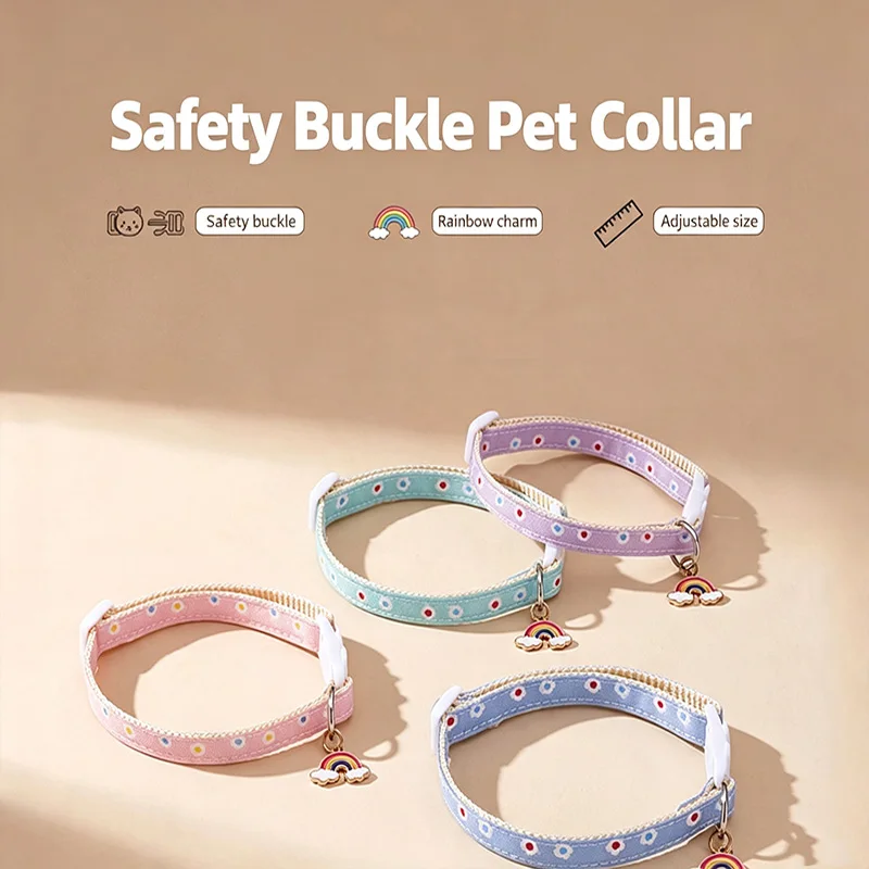 Personalized Cat Collar Custom Engraved ID Tag Safety Breakaway Buckle Daisy Print Rainbow Charm Adjustable for Cats Small Dogs