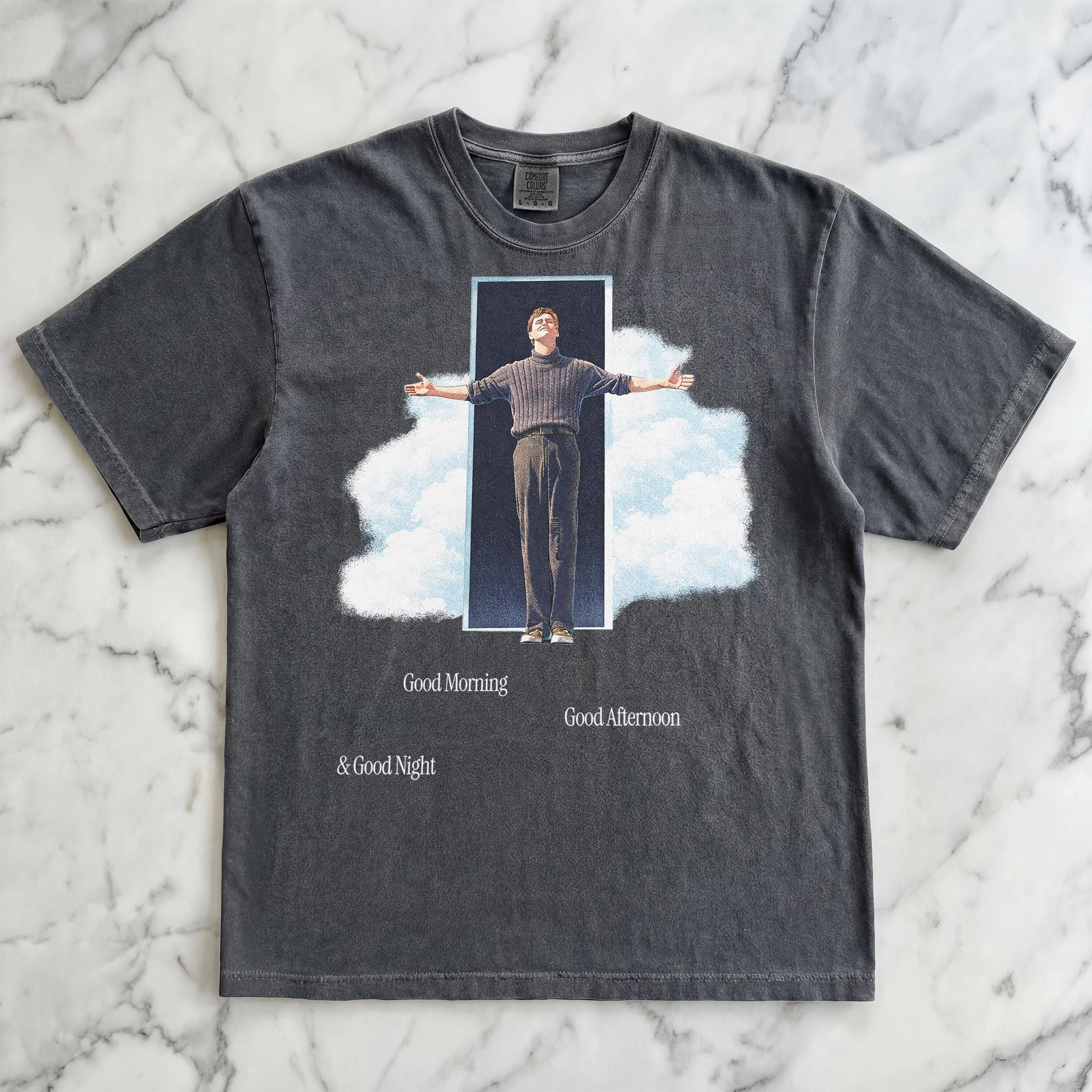 Truman Burbank 90's Movie Poster Graphic Tee Classic Poster Printed Vintage Distressed Dark Gray Short Sleeved T-shirt