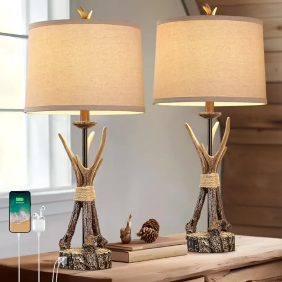 

Rustic Farmhouse Antler Table Lamps Set of 2 with USB Charging Port, 27inch Western Nightstand Table Lamps for Cabin Decor Nigh