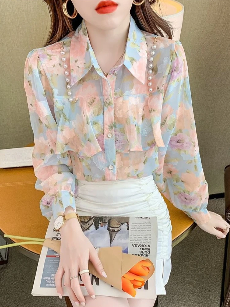 

2026 Spring Autumn New Women's Sweet Floral Chiffon Shirt Pearl Ruffle Design Long Sleeve Blouse for Casual Elegant Outfits​