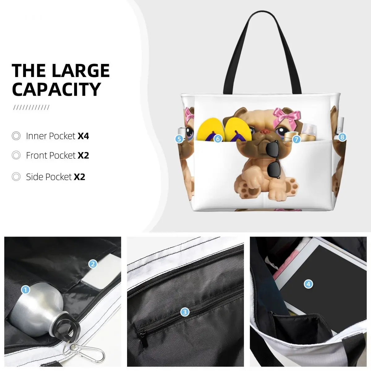 Coquette Littlest Pet Shop LPS Bulldog 451 Praia Sacola Esporte Ginásio Yoga Duffle Grande Sacola Mulheres Bolsa de Viagem Bolsa de Fitness