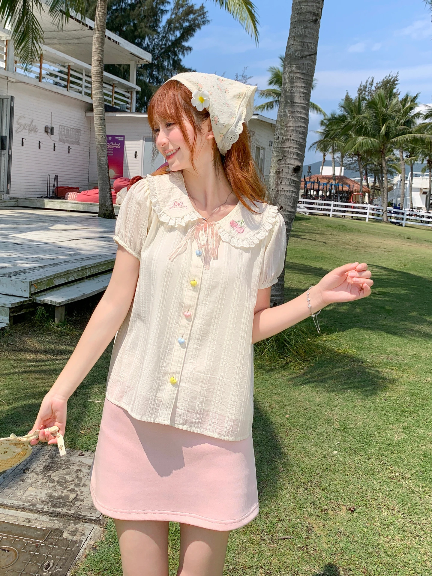 

Sweet Style Short Sleeve Embroidered Loose Women's Shirt Summer Cotton Lyocell Blend Doll Collar Casual Breathable Top