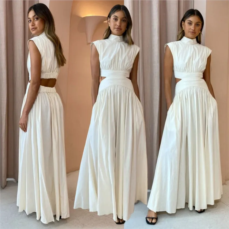 Vacation Style White Waist Hollow Sexy Exposed Waist Pleated Large Vestidos Elegant Women's Fashionable Sleeveless Maxi Dresses 