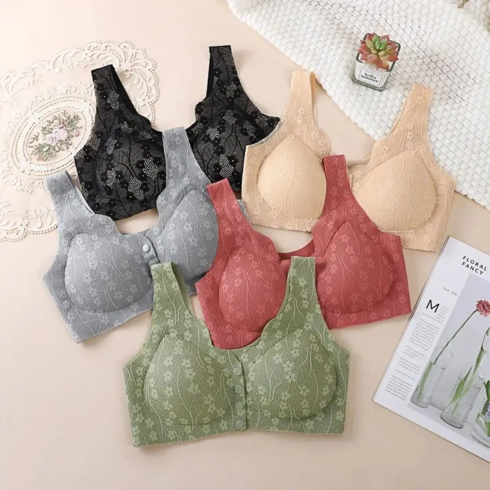 Without Steel Ring Sexy Lace Underwear Thin Comfortable Bras for Older Women Plus Size Convenient Front Close Button Cotton Bras