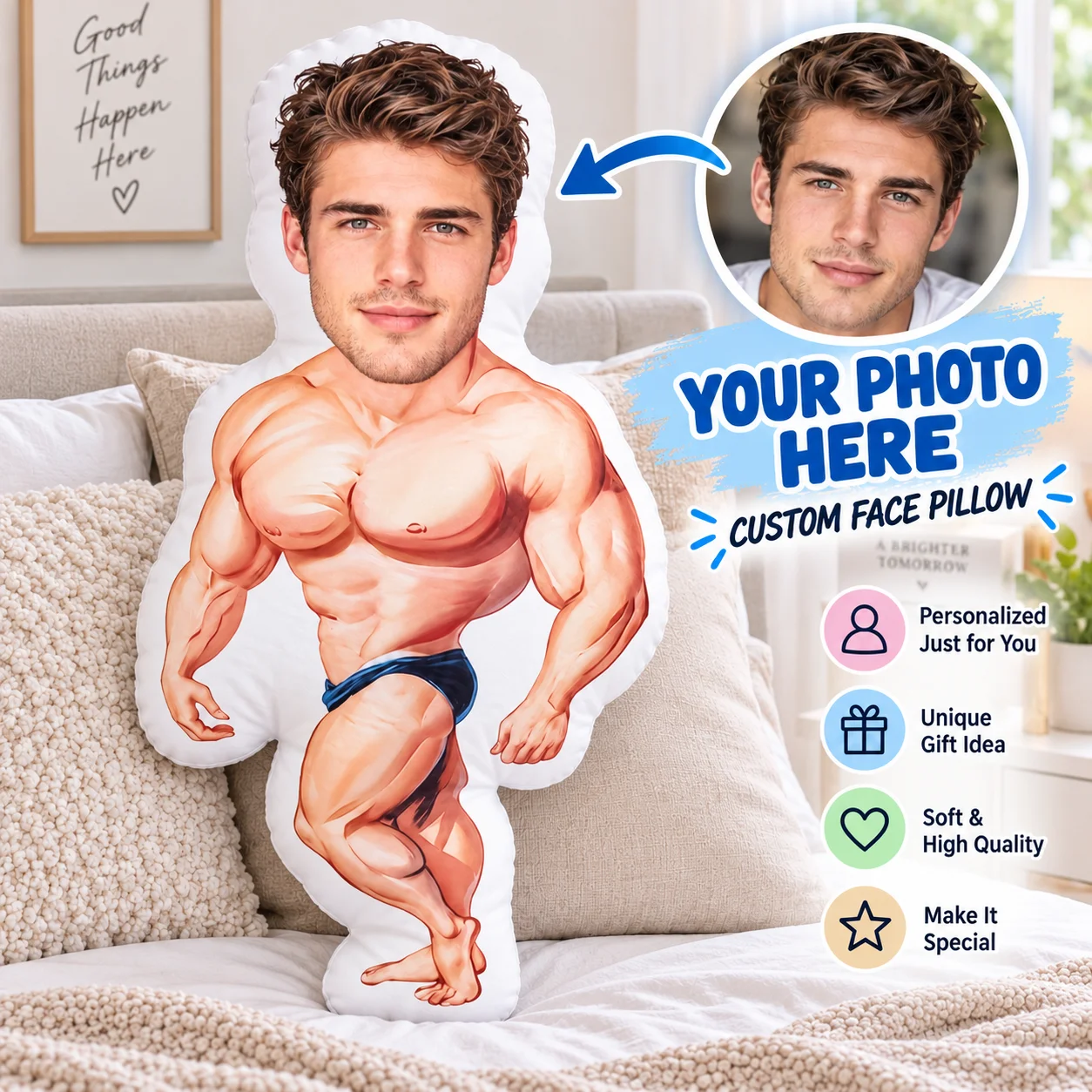 Custom Face Muscle Man Pillow Personalized Photo Human Shape Plush Cushion Unique Valentine Birthday Gift for Girlfriend Wife
