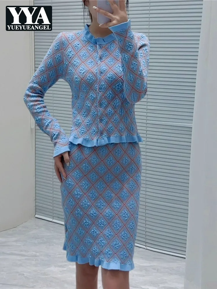 

Autumn Argyle Ruffle Knitted Female Cardigan Long Sleeved Tops Casual O-Neck Outerwear Fashion Office Ladies Knitwear Hot Sale