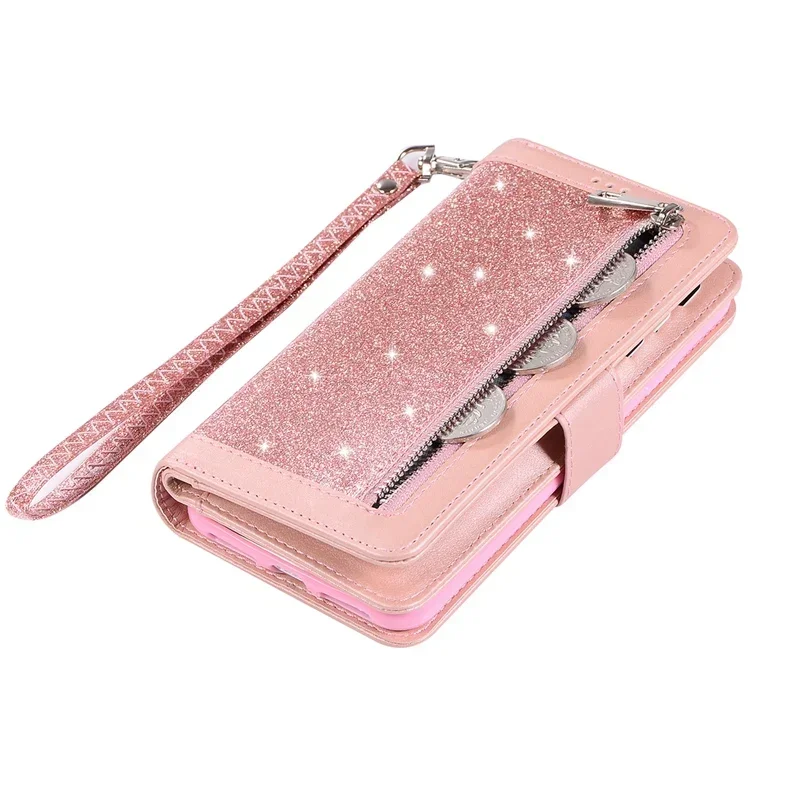 Luxury Leather Case For iPhone X XS Max XR Case Glitter Zipper Flip Wallet Cover For iPhone 11 12 13 14 Pro Max Phone Case Coque