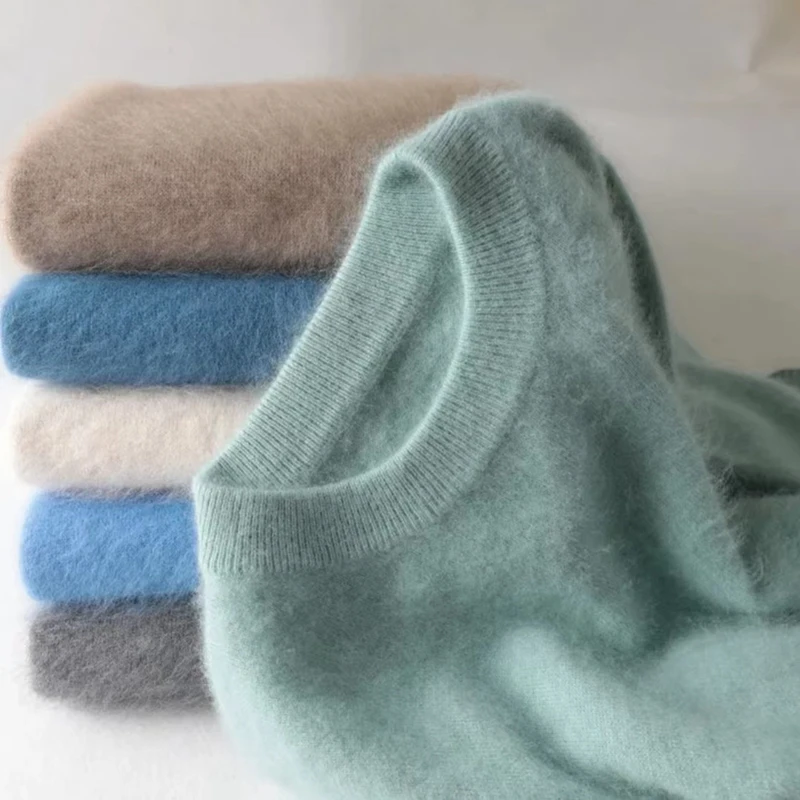 Męski sweter z kaszmiru z norek luźna jesienno-zimowa młodzieżowa bluza w jednolitym kolorze z długim rękawem gruby okrągły dekolt sweter z dzianiny