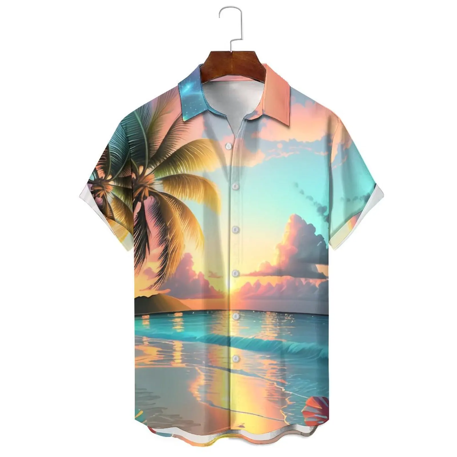 

Summer Men/Women 3d Island Coconut Print Casual Loose Large Size Simple Daily Travel Can Wear Lapel Short-Sleeved Shirt