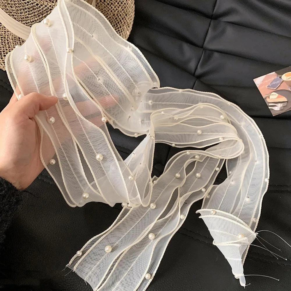 

Fashion White Lace Scarf Petal Pearl Long Skinny Long Skinny Ribbon French Organza Neckscarf Fashion Accessories