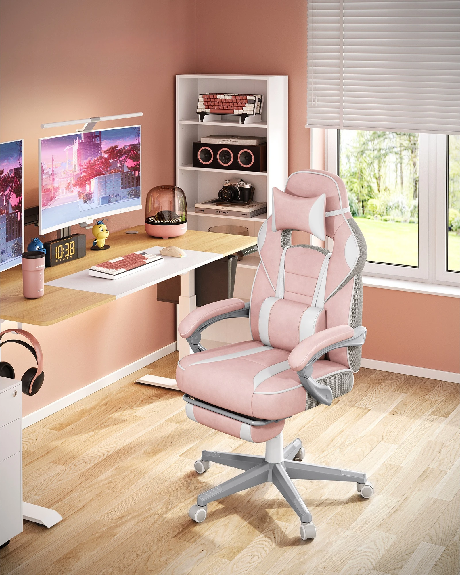 Direct Factory Modern Ergonomic Office Chair Adjustable Headrest Pink Leather Swivel Chair Footrest Made Metal PU Steel