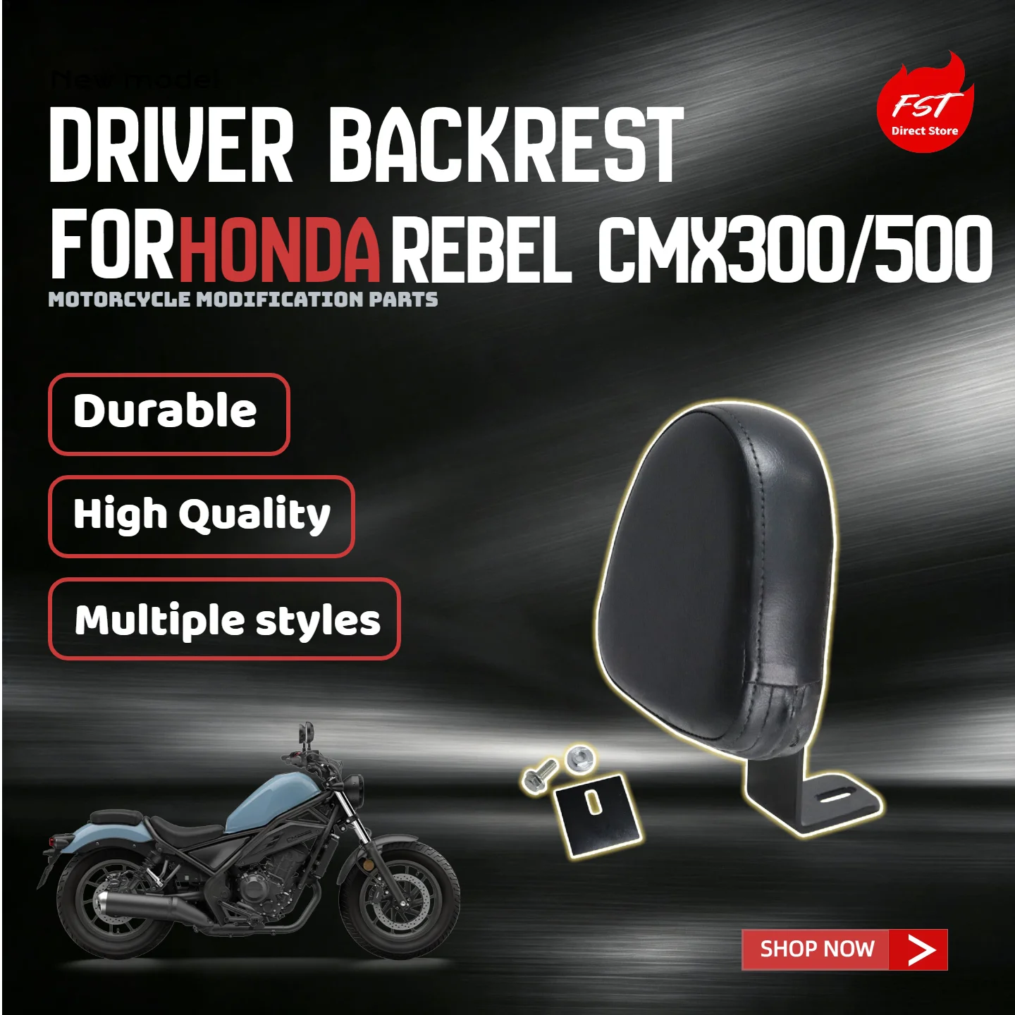 For Honda Rebel CMX300 CMX500 Black Driver Mid Backrest Rider Backrest Modification Parts