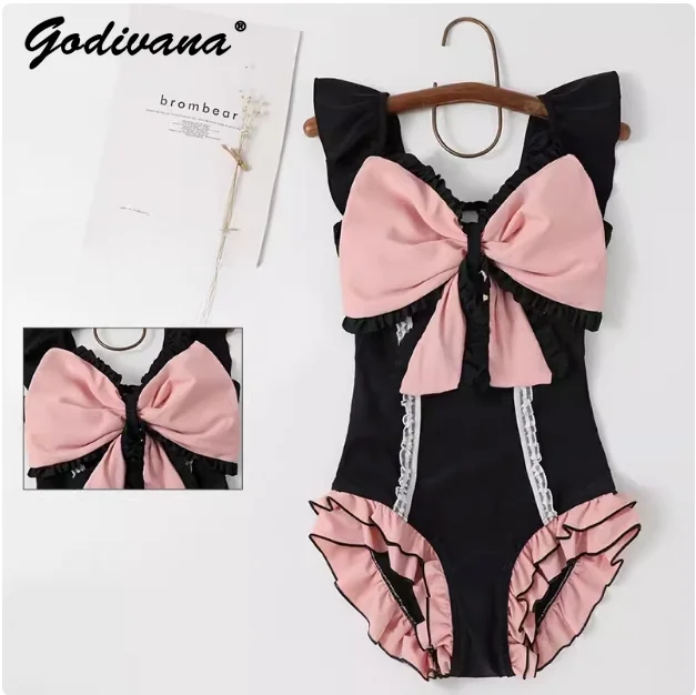 

Japanese Style Girls Cute Big Bow Lace Lolita Sweet One-Piece Swimsuit Women's Summer Black Pink Holiday Beach Slim Swimwear