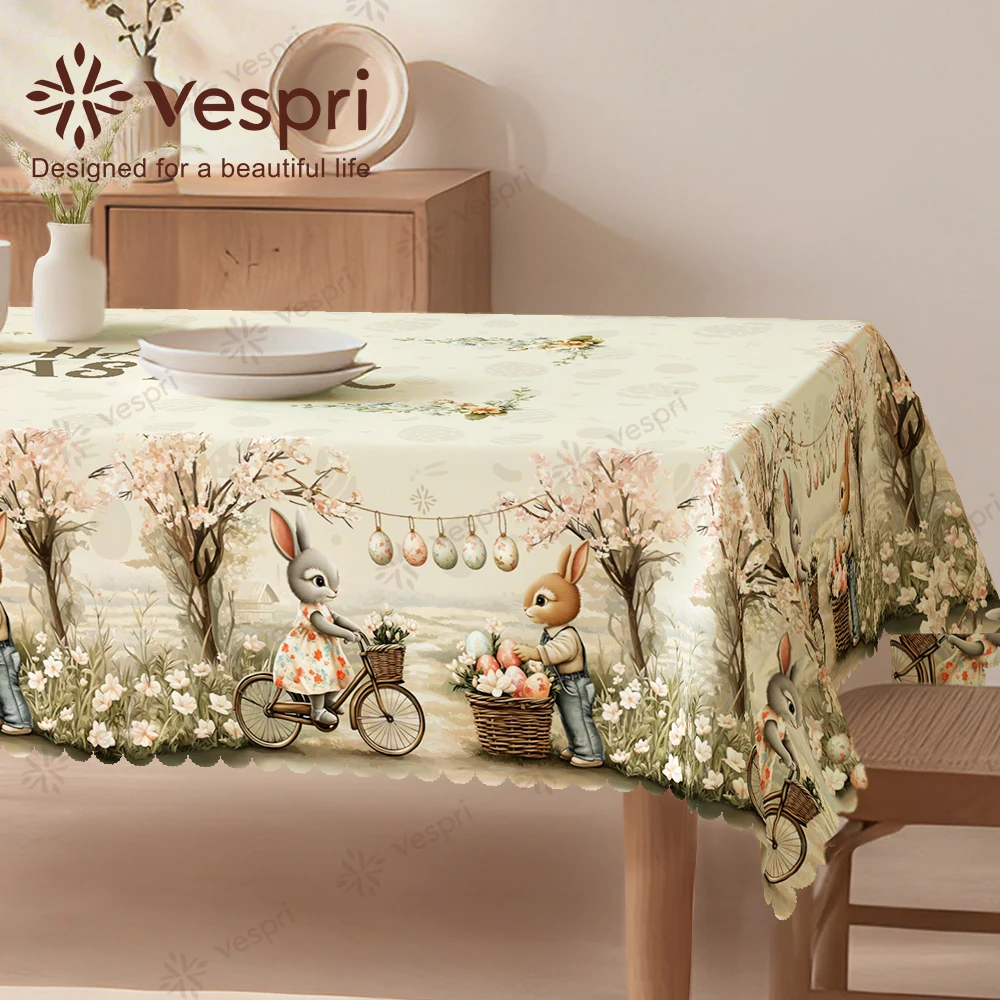 Vespri Oster-Tischdecke aus Polyester, rund, rechteckig, oval, weiß, rosa, Kaninchen, Fahrrad, Blumendekor für Restaurant, Party, Festival
