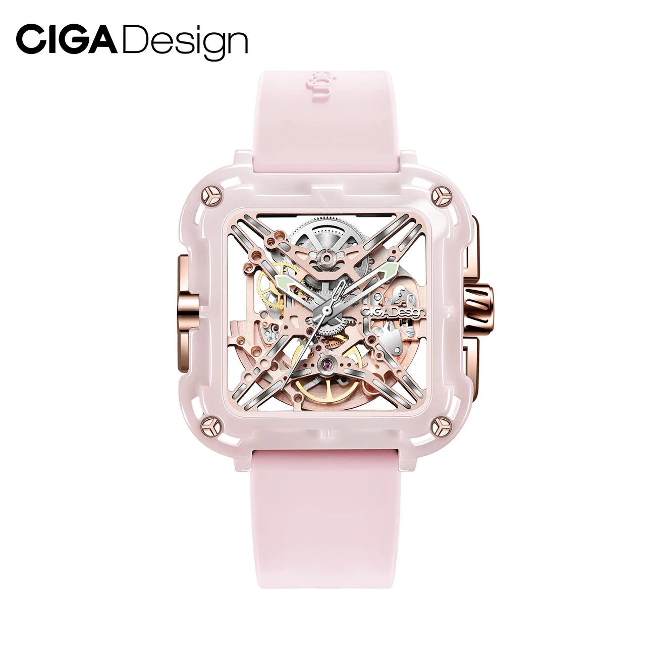 CIGA Design X Series Pink Ceramic Automatic Watch for Women 2024 Fashion Skeleton Mechanical Wrist Watches Soft Silicone Strap