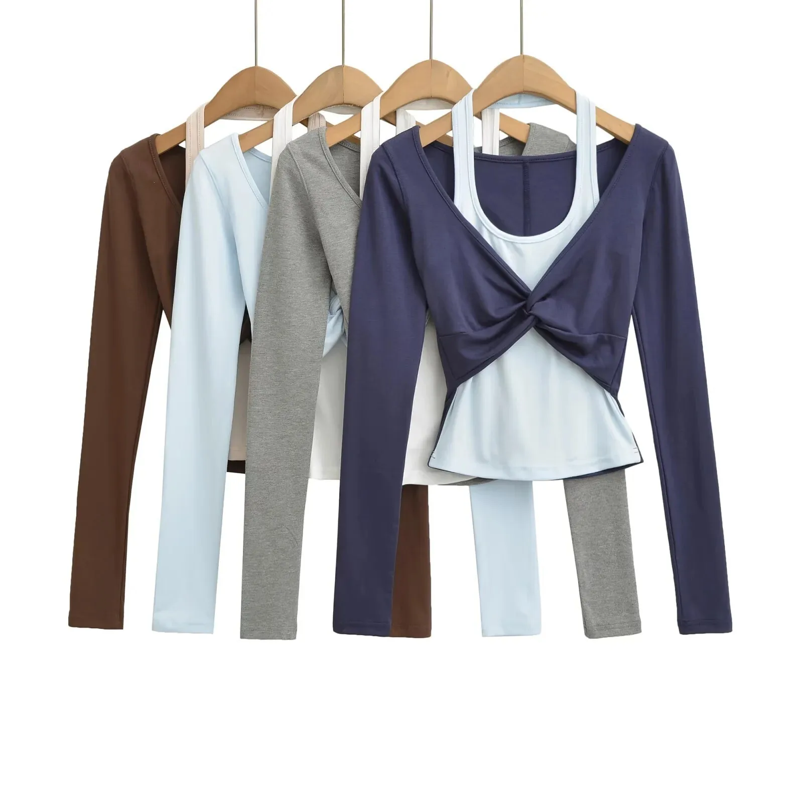 新しいセクシーなホットガール純粋な欲望スタイルカラーブロックフェイクツーピースストレッチタイトベースTシャツショートトップ長袖ホルタートップ6K4Y