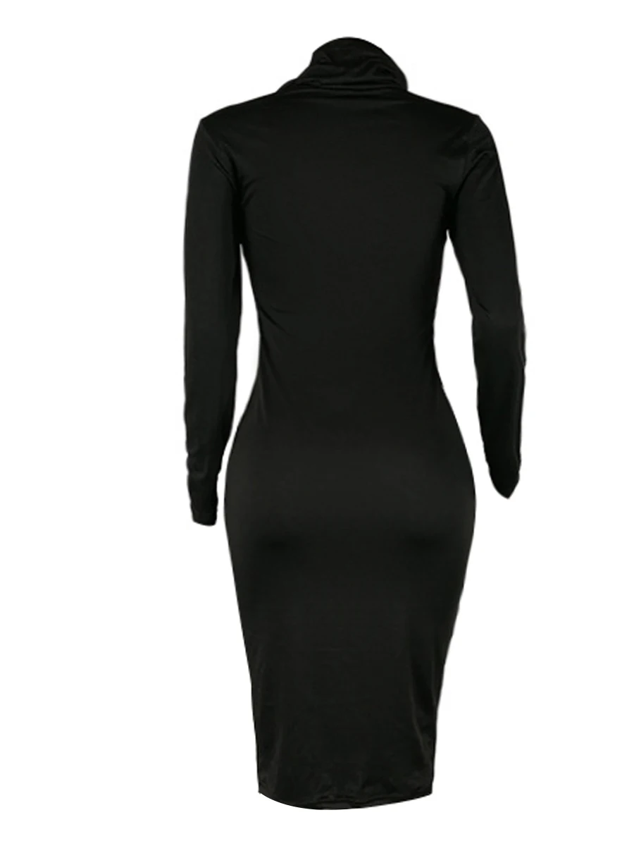 LW Turtleneck Bodycon Dress Plain Black Long Sleeve Sheath Midi Dresses BASICS Women\'s Solid Color Vestidos