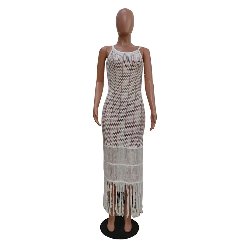 Striped Crochet Knitted Beach Summer Dresses Woman Sleeveless Spaghetti Strap Sheath Slim Fit Tassel Bodycon Maxi Dress Holiday