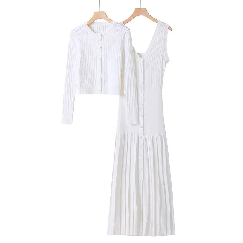 High-End Casual Striped Open Cardigan Top Design Vest Dress Two-Piece Set Autumn Long Sleeve Women's Fashion Ensemble