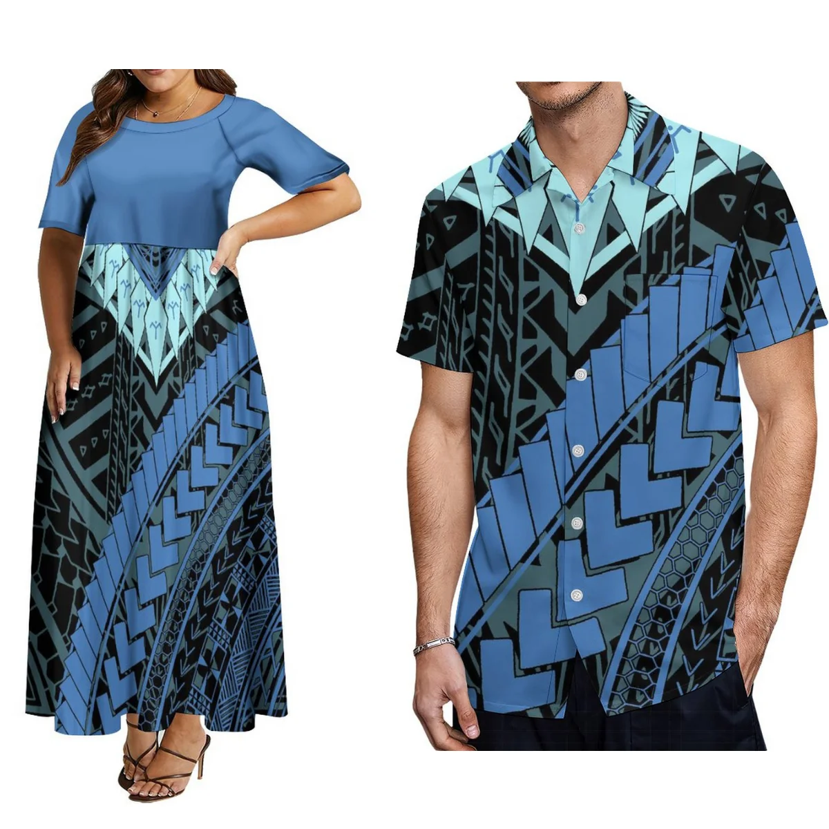 

Pacific Island Design Print Fashion Women'S Crew Neck Short Sleeve Dress Party Dress Matching Hawaiian Men'S Pocket Beach Shirt