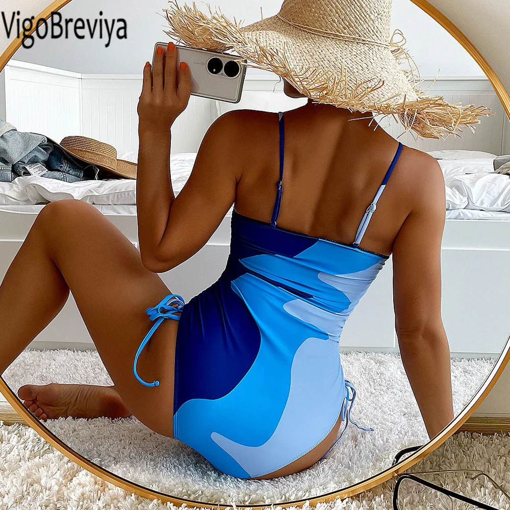 VigoBeviya 2025 Sexy Blue Strapped Swimwear Women High Cut Push Up One Piece Swimsuit Monokini Backless Summer Bathing Suit