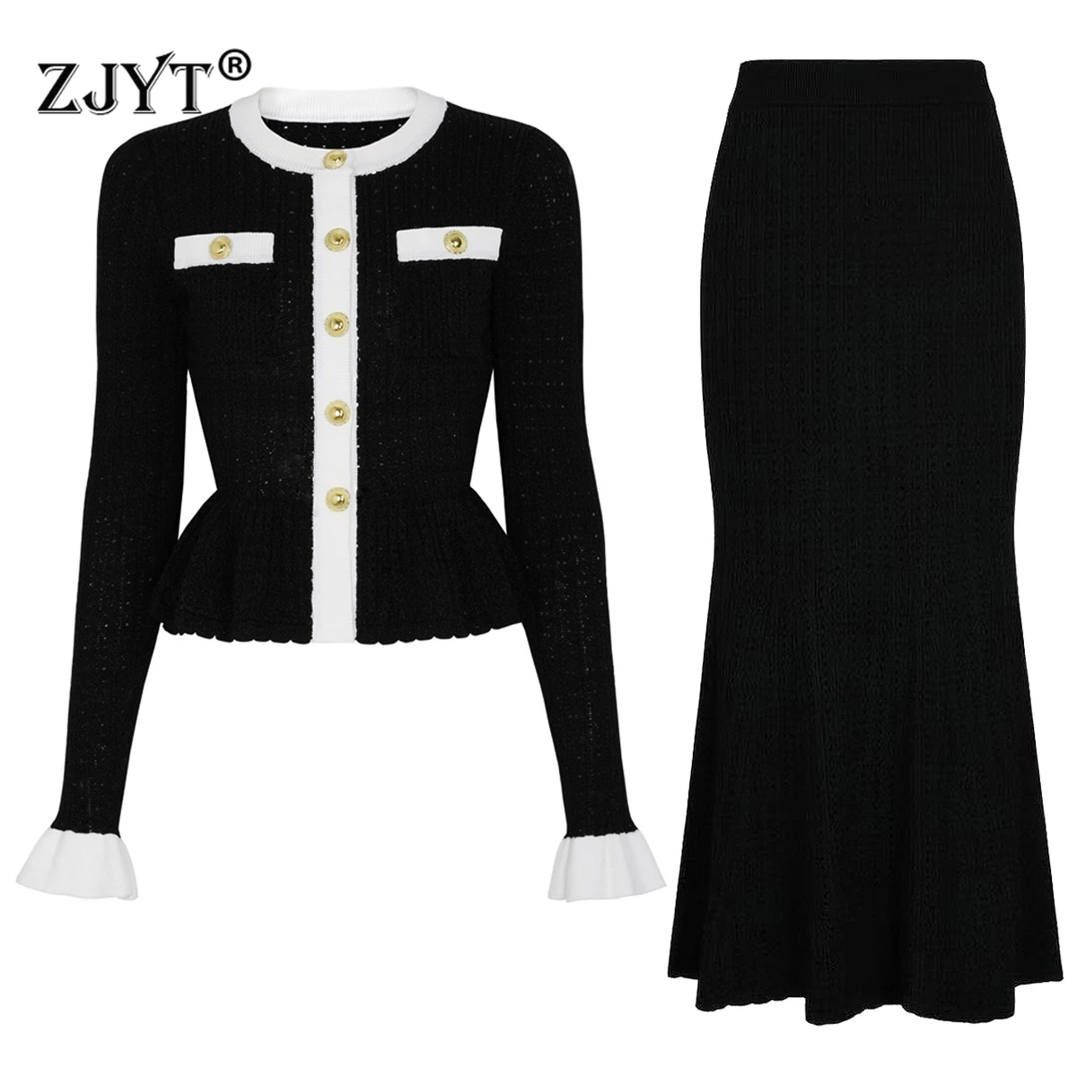 

ZJYT Women's Knitted Dress Set 2 Piece Spring New Flare Sleeve Sweater and Long Skirt Suit Elegant Female Party Outfit Blue 2026