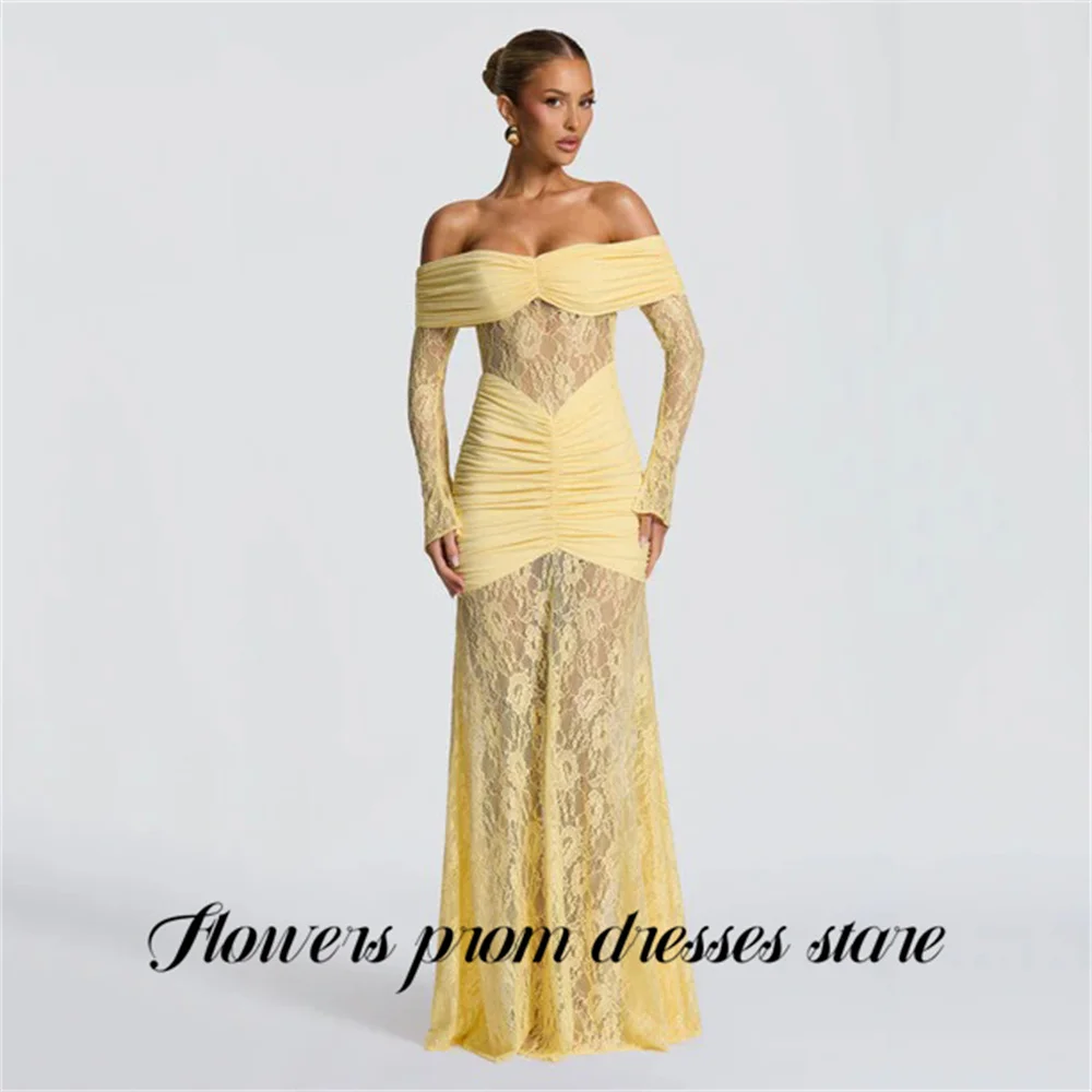 

Flowers Pale Yellow Evening Dresses Sexy Off Shoulder Cocktail Dresses Long Sleeve Mermaid Party Gown with Sheer Lace Customized